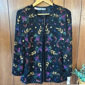 80's Night‎ Vogue Beaded Sequin Jacket Small Black Multicolor Party Evening Top